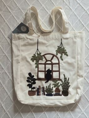 Page And Petal Cat Plants Books Window Reusable Embroidered Cotton Tote Satchel